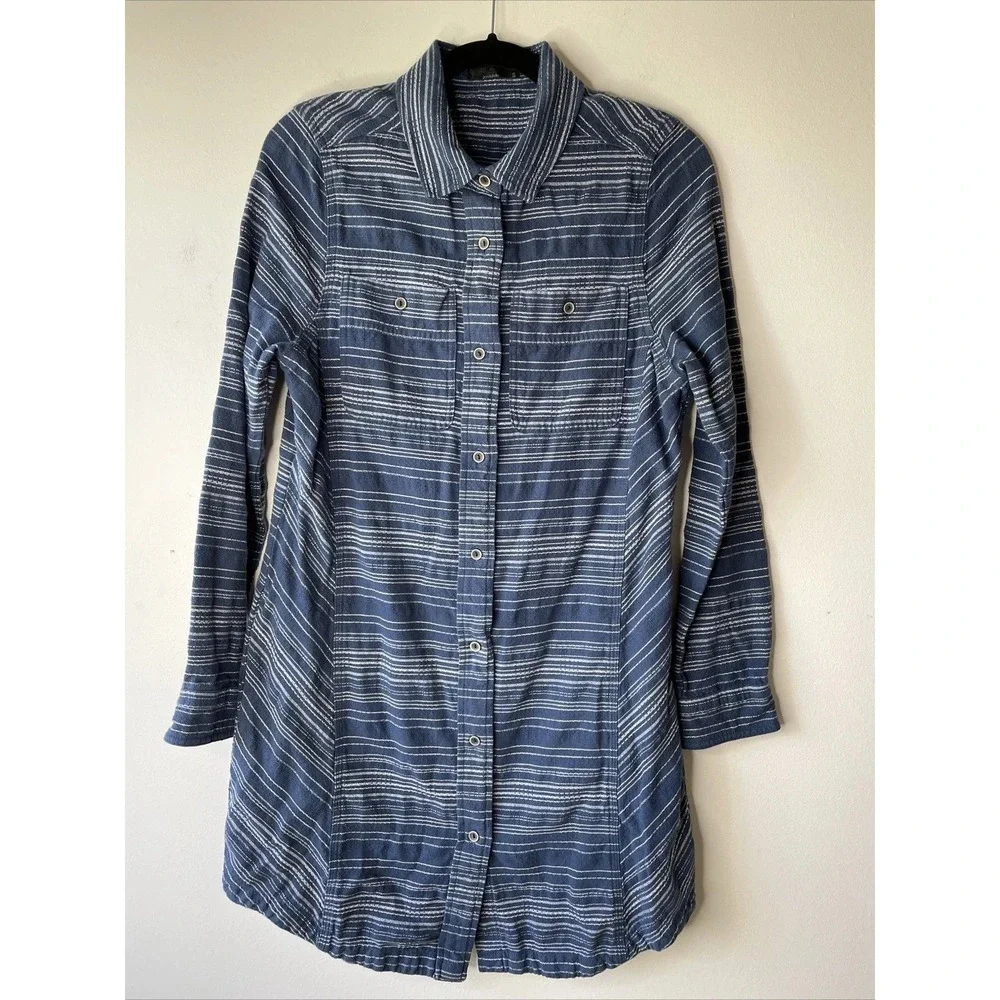 prAna Shirt Dress Women Small Blue White Striped Long Sleeve Tunic Boho Gorpcore